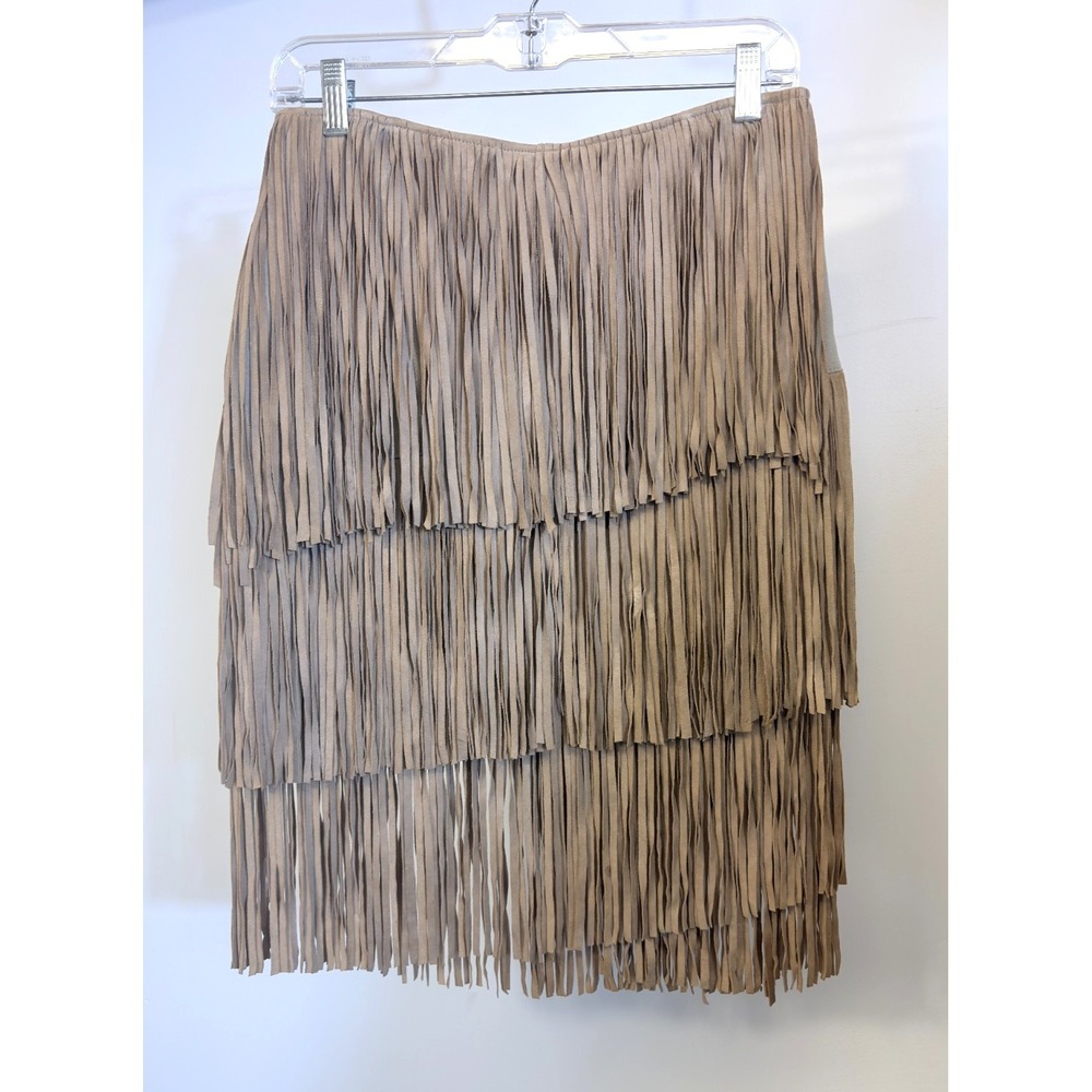 Lamarque Collection Tan Suede Fringe Mini Skirt Asymmetric GoGo Mod Festival  6
